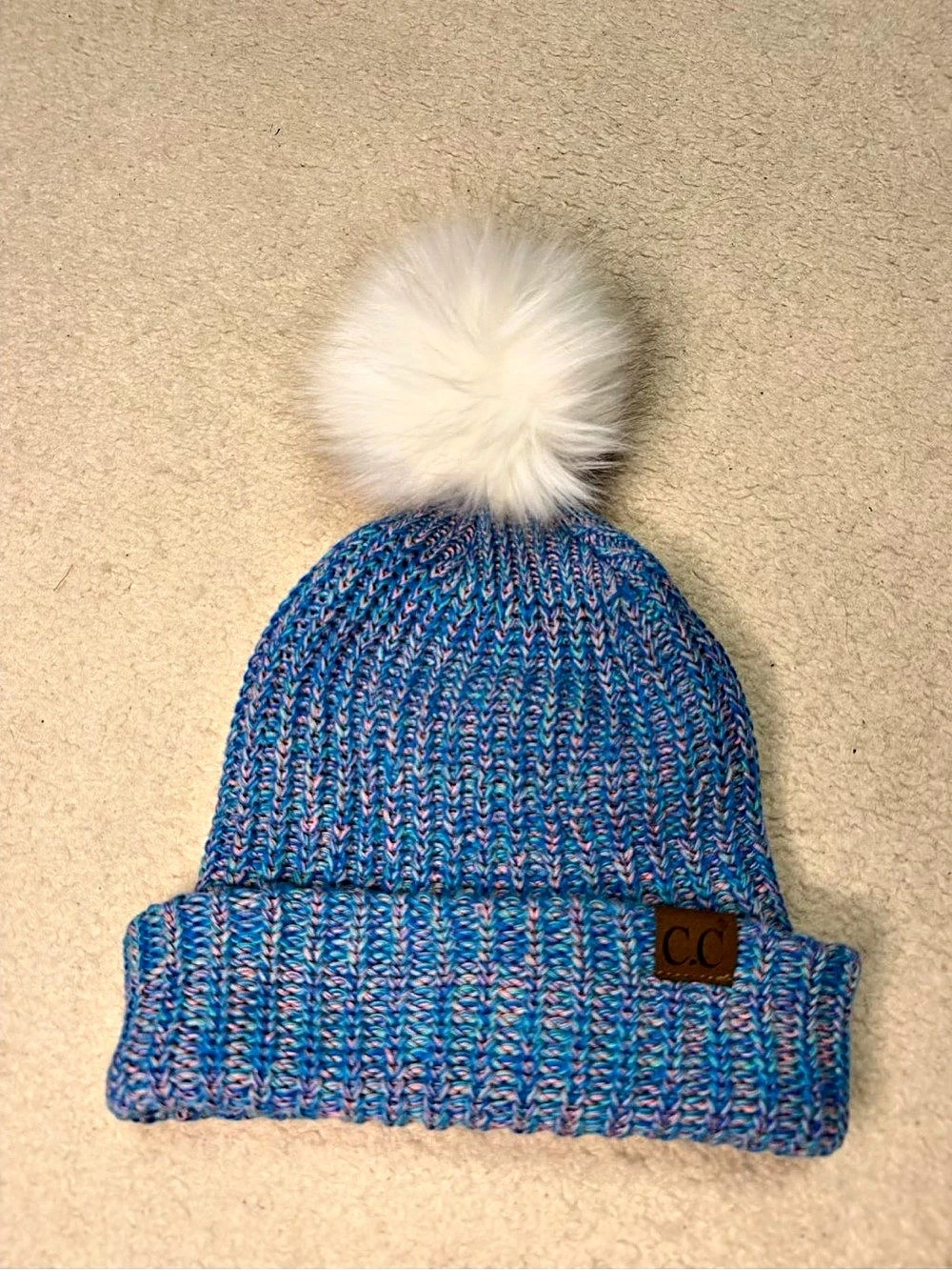 C.C. Blue & Pink Confetti Knit Pom Pom Beanie Hat